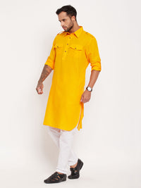 Thumbnail for VM by Vastramay Men's Mustard And White Cotton Blend Kurta Pyjama Set - Distacart