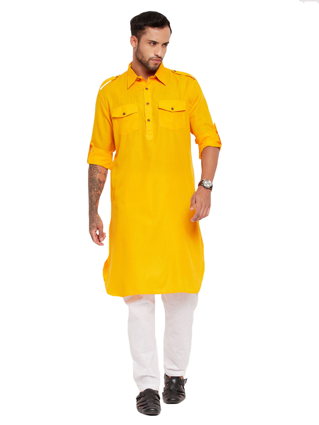 VM by Vastramay Men's Mustard And White Cotton Blend Kurta Pyjama Set - Distacart