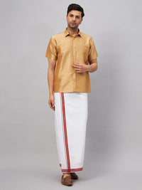 Thumbnail for VM by Vastramay Men's Rose Gold And White Silk Blend Shirt And Mundu - Distacart