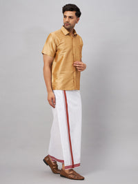 Thumbnail for VM by Vastramay Men's Rose Gold And White Silk Blend Shirt And Mundu - Distacart
