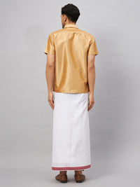 Thumbnail for VM by Vastramay Men's Rose Gold And White Silk Blend Shirt And Mundu - Distacart