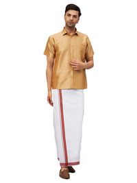 Thumbnail for VM by Vastramay Men's Rose Gold And White Silk Blend Shirt And Mundu - Distacart