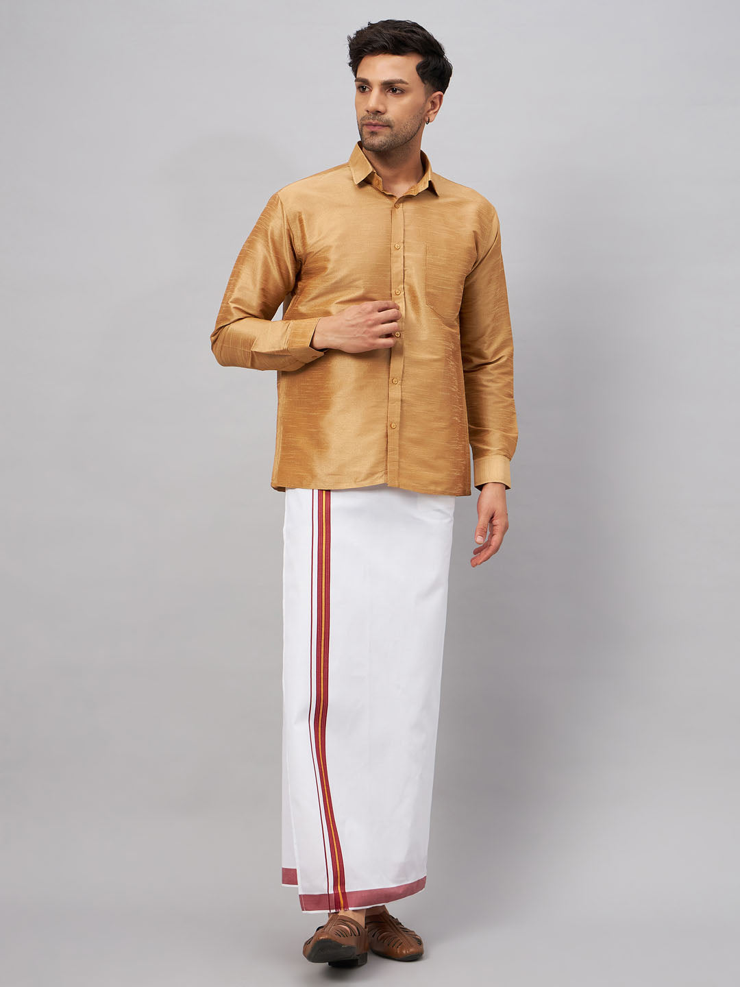 VM by Vastramay Men's Rose Gold And White Silk Blend Shirt And Mundu - Distacart