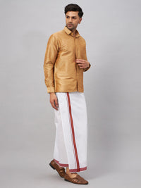 Thumbnail for VM by Vastramay Men's Rose Gold And White Silk Blend Shirt And Mundu - Distacart