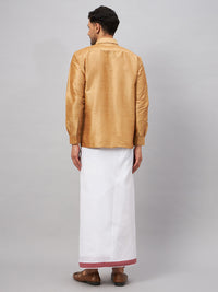 Thumbnail for VM by Vastramay Men's Rose Gold And White Silk Blend Shirt And Mundu - Distacart