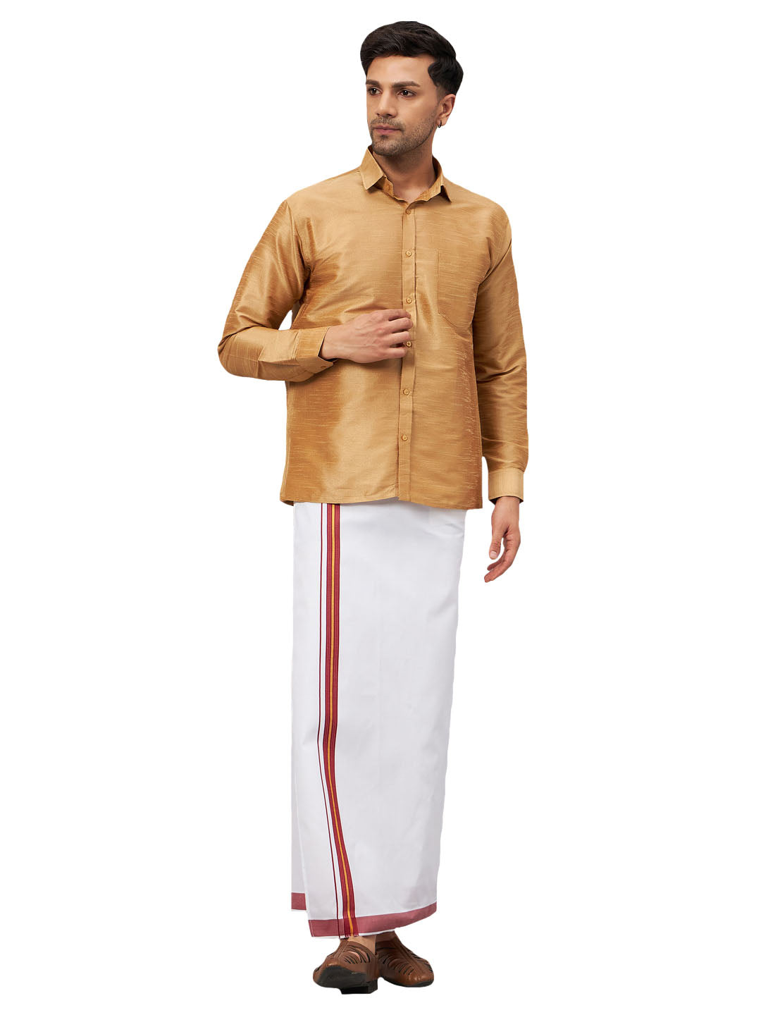 VM by Vastramay Men's Rose Gold And White Silk Blend Shirt And Mundu - Distacart