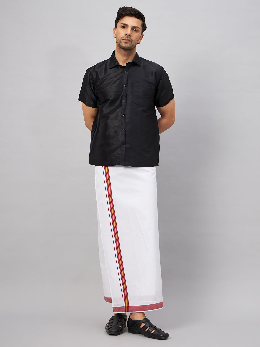 VM by Vastramay Men's Black And White Silk Blend Shirt And Mundu - Distacart