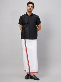 Thumbnail for VM by Vastramay Men's Black And White Silk Blend Shirt And Mundu - Distacart