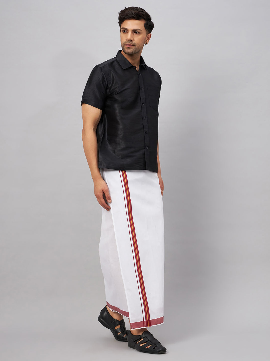 VM by Vastramay Men's Black And White Silk Blend Shirt And Mundu - Distacart
