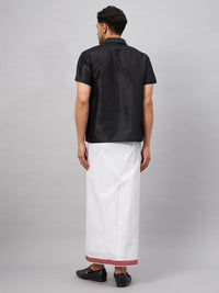 Thumbnail for VM by Vastramay Men's Black And White Silk Blend Shirt And Mundu - Distacart