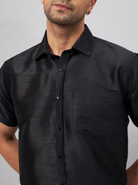 Thumbnail for VM by Vastramay Men's Black And White Silk Blend Shirt And Mundu - Distacart
