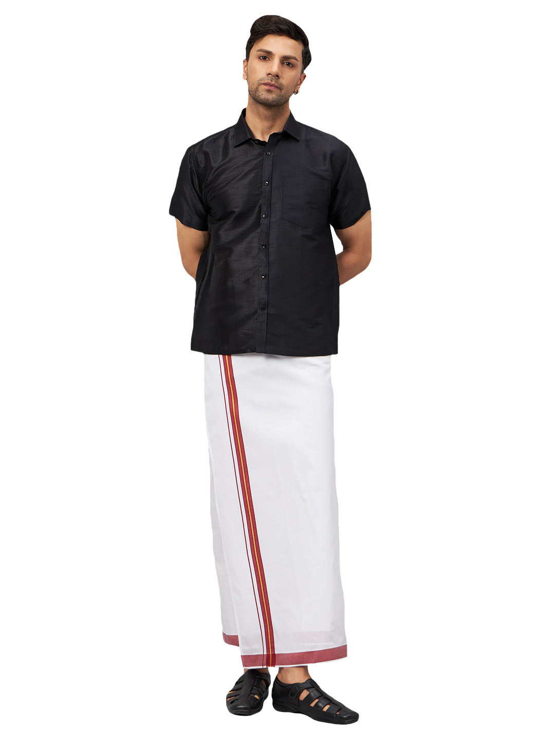 VM by Vastramay Men's Black And White Silk Blend Shirt And Mundu - Distacart