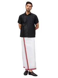 Thumbnail for VM by Vastramay Men's Black And White Silk Blend Shirt And Mundu - Distacart