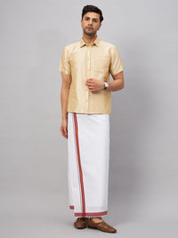 Thumbnail for VM by Vastramay Men's Gold And White Silk Blend Shirt And Mundu - Distacart