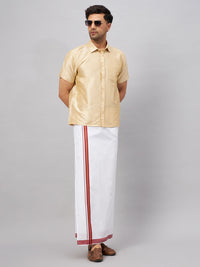 Thumbnail for VM by Vastramay Men's Gold And White Silk Blend Shirt And Mundu - Distacart