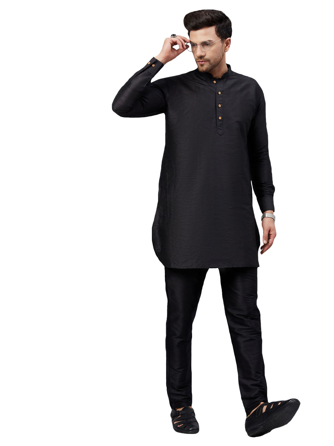 VM by Vastramay Men's Black And Black Cotton Blend Kurta Pyjama Set - Distacart
