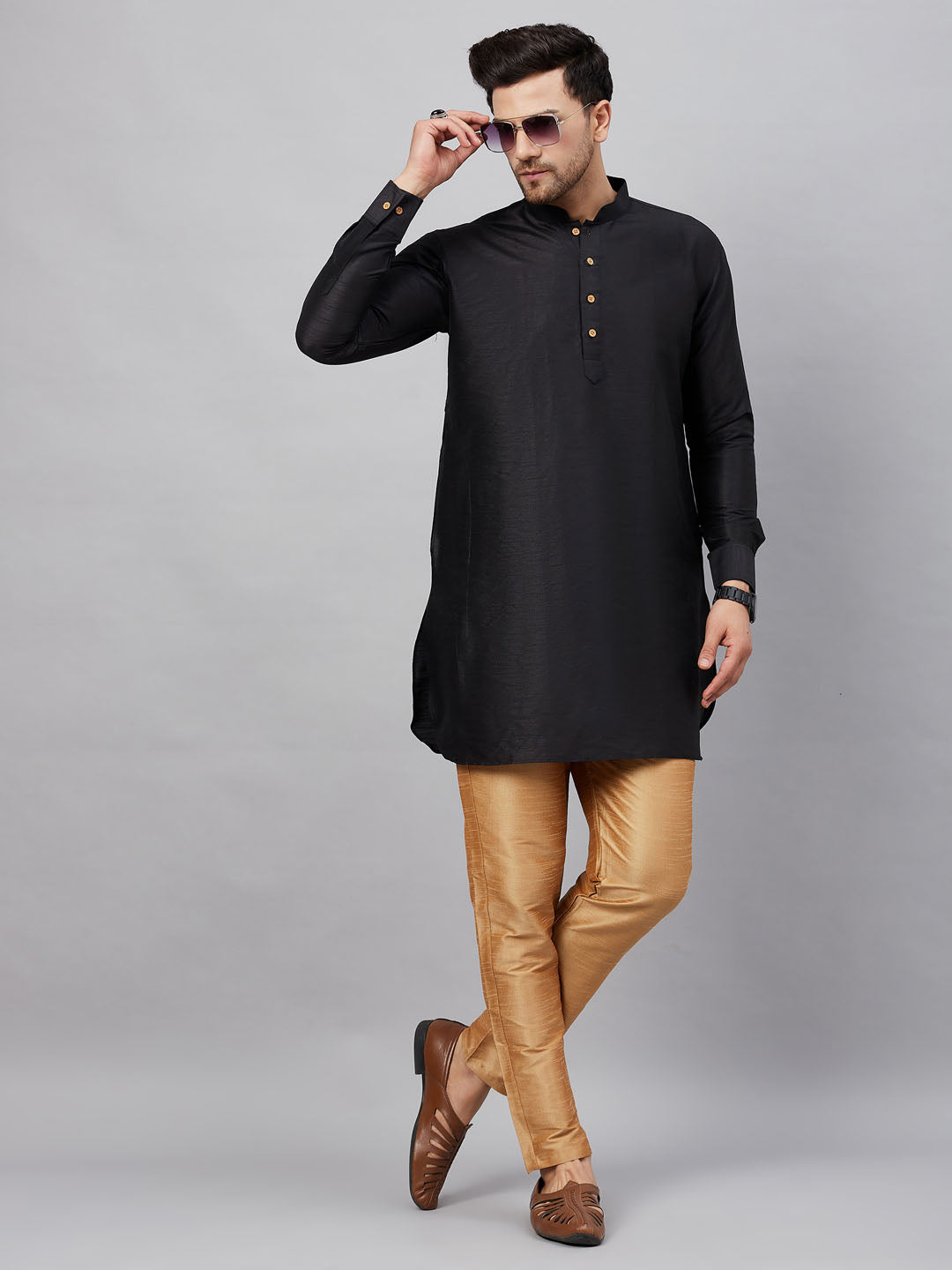 VM by Vastramay Men's Black And Rose Gold Cotton Blend Kurta Pyjama Set - Distacart