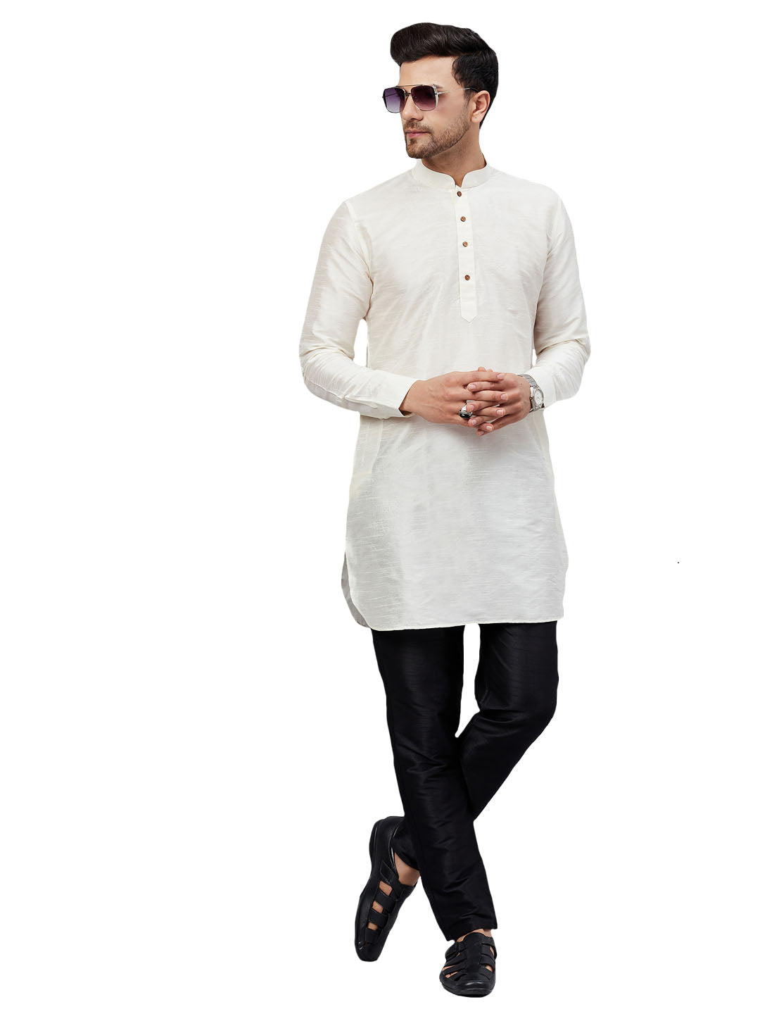 VM by Vastramay Men's Cream And Black Cotton Blend Kurta Pyjama Set - Distacart