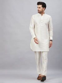 Thumbnail for VM by Vastramay Men's Cream And Cream Cotton Blend Kurta Pyjama Set - Distacart