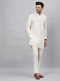 Thumbnail for VM by Vastramay Men's Cream And Cream Cotton Blend Kurta Pyjama Set - Distacart