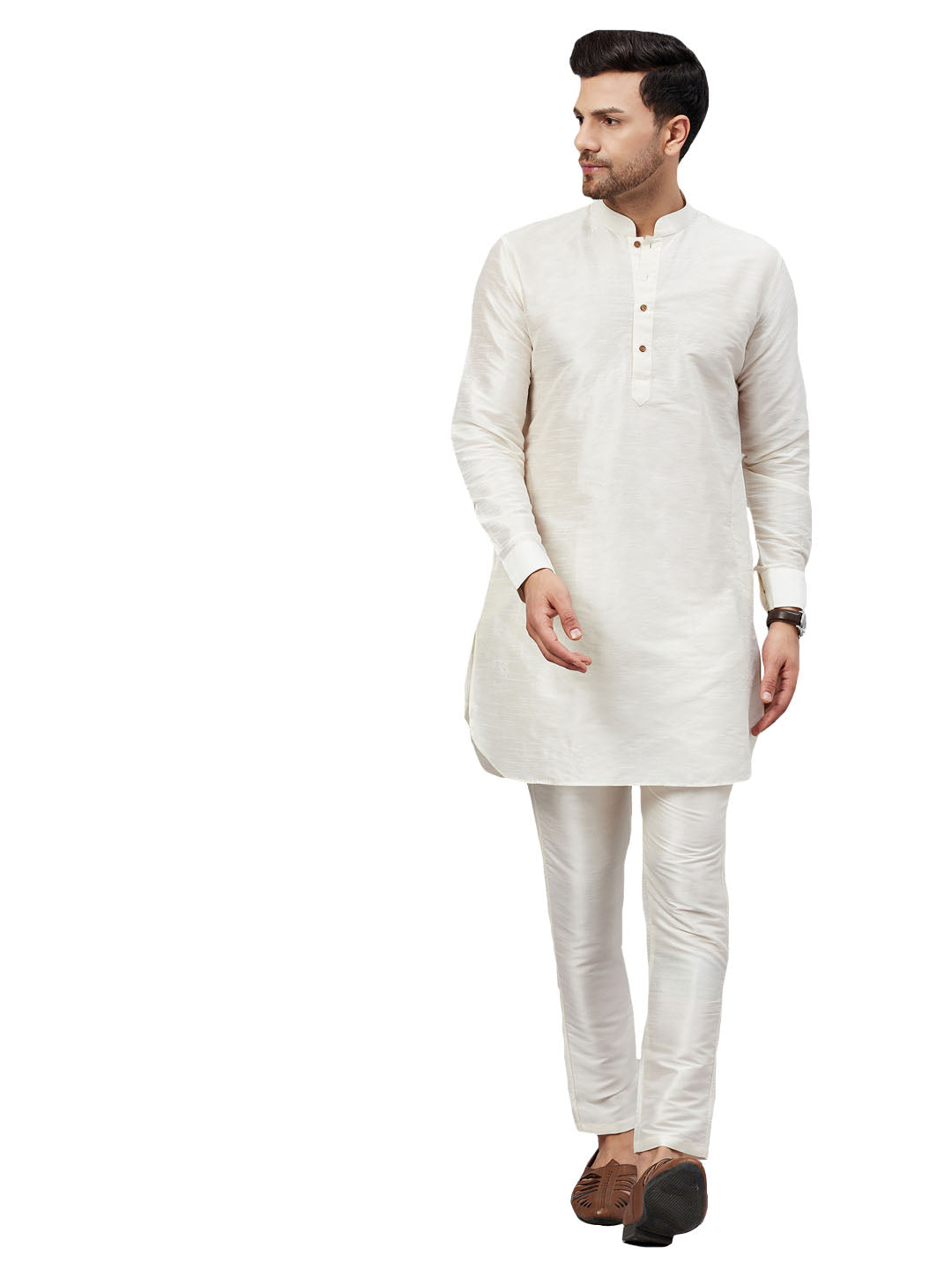 VM by Vastramay Men's Cream And Cream Cotton Blend Kurta Pyjama Set - Distacart