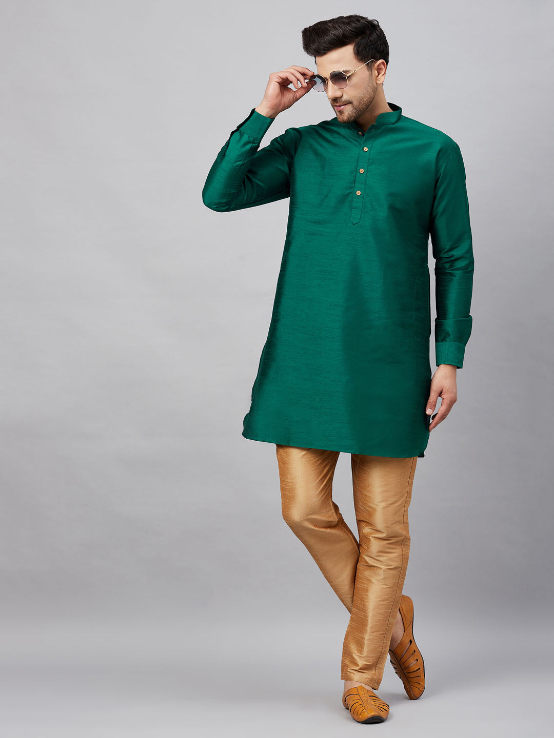 VM by Vastramay Men's Green And Rose Gold Cotton Blend Kurta Pyjama Set - Distacart