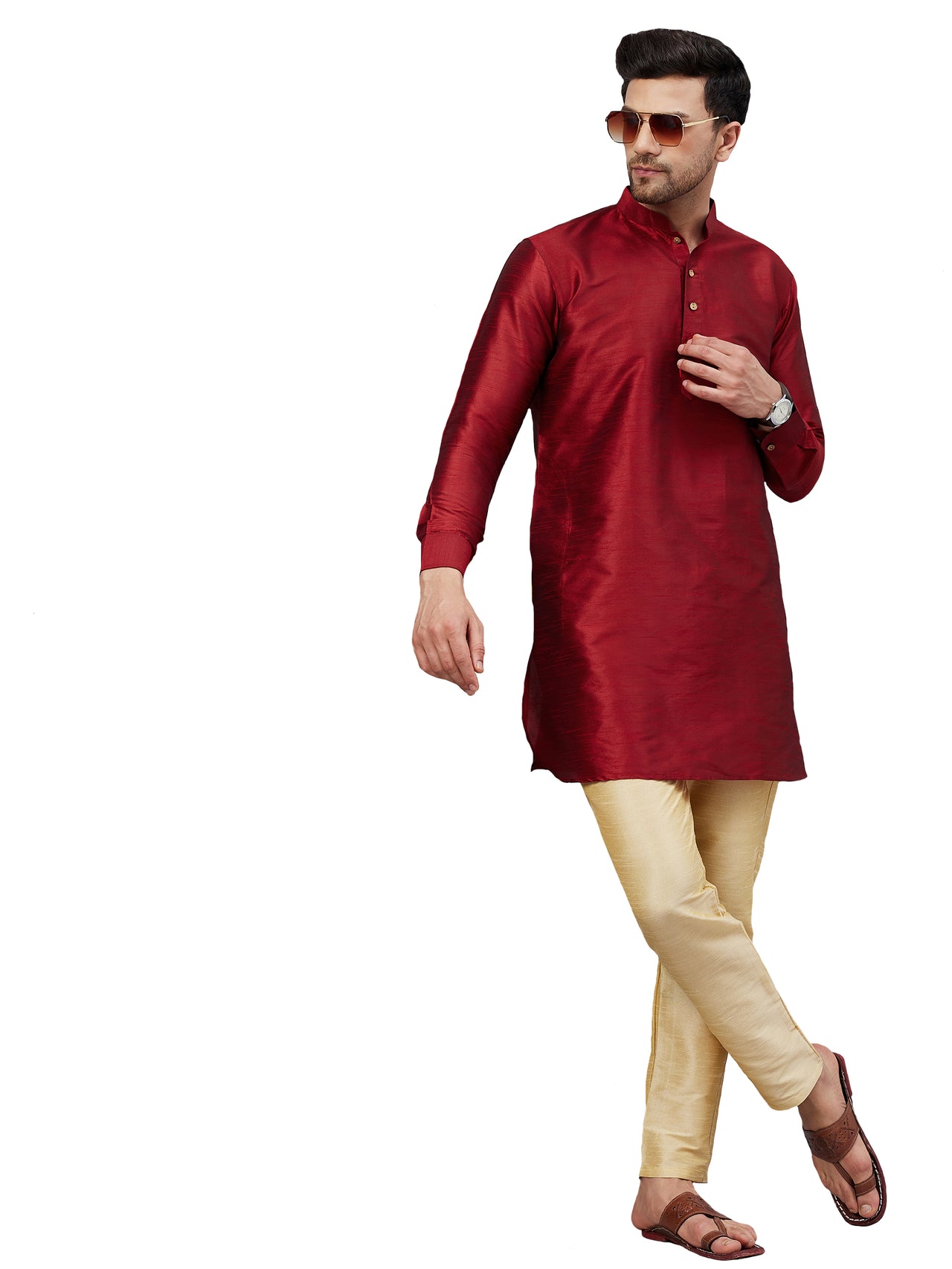 VM by Vastramay Men's Maroon And Gold Cotton Blend Kurta Pyjama Set - Distacart