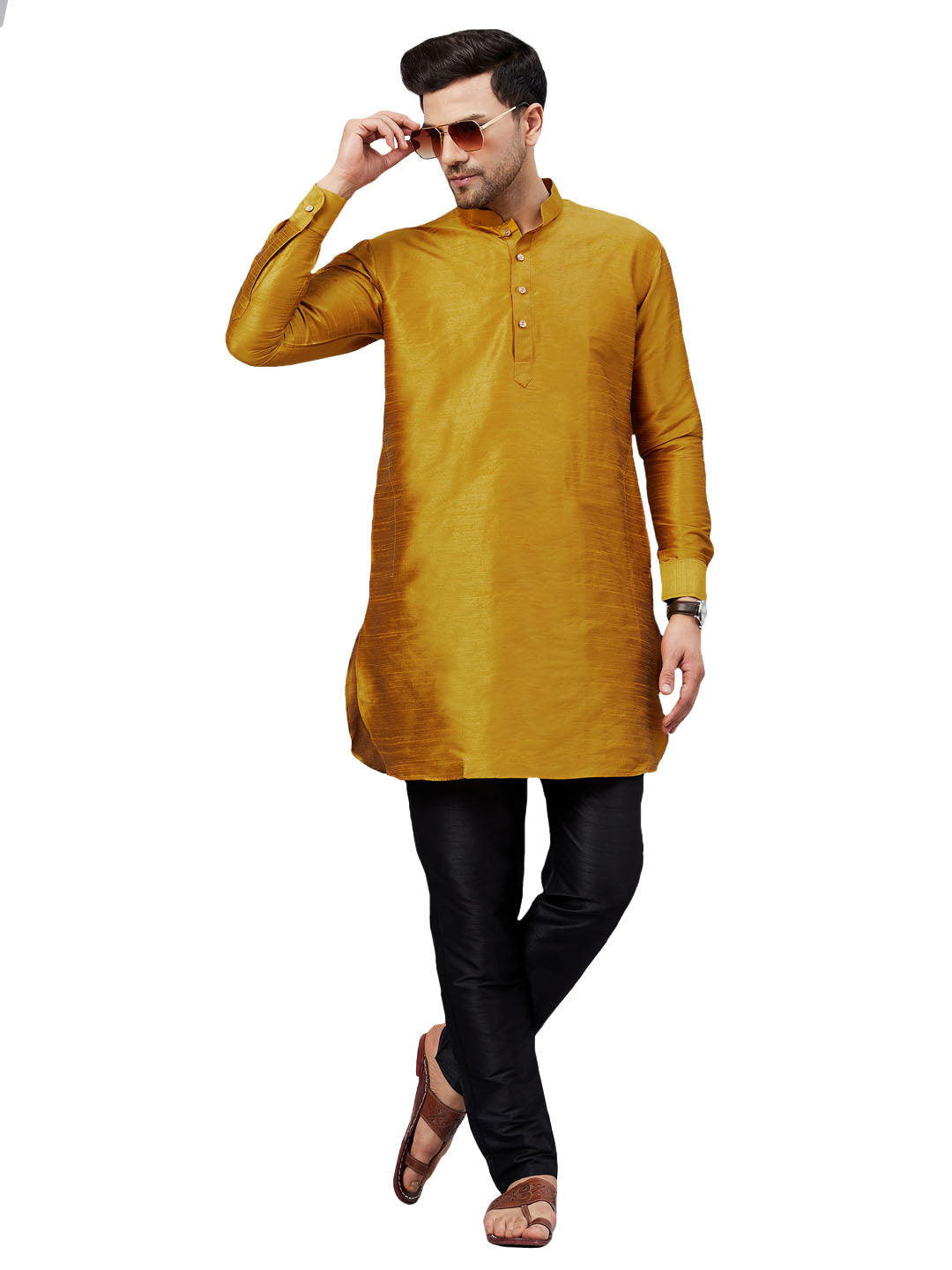 VM by Vastramay Men's Mustard And Black Cotton Blend Kurta Pyjama Set - Distacart