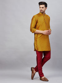 Thumbnail for VM by Vastramay Men's Mustard And Maroon Cotton Blend Kurta Pyjama Set - Distacart