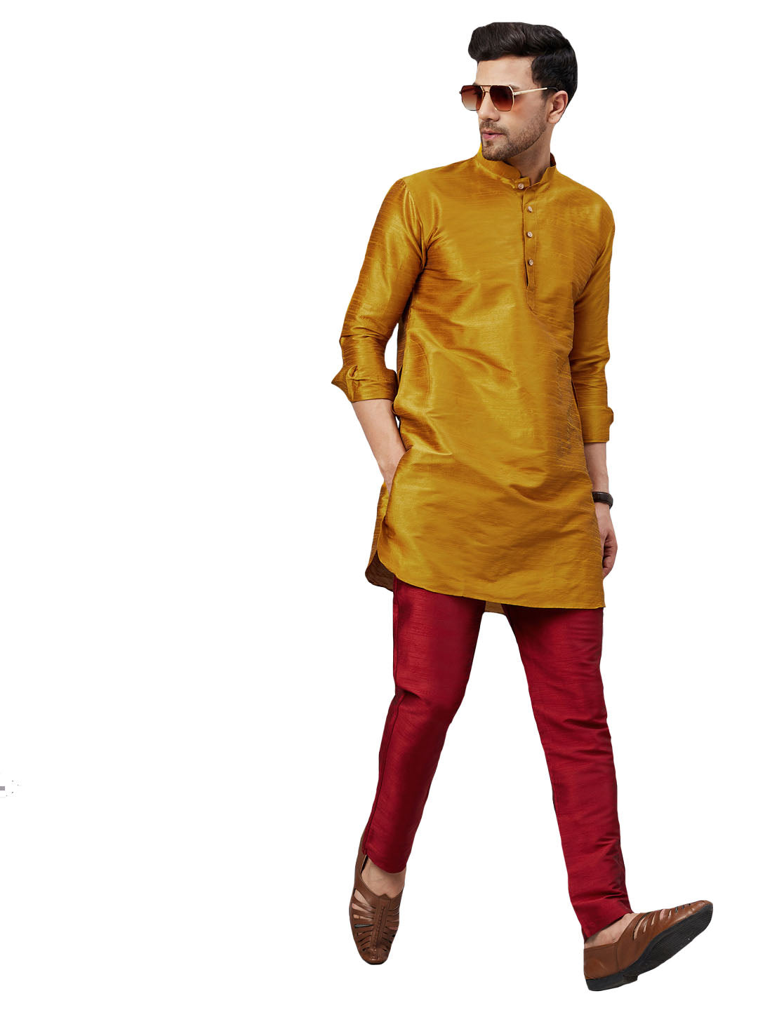 VM by Vastramay Men's Mustard And Maroon Cotton Blend Kurta Pyjama Set - Distacart