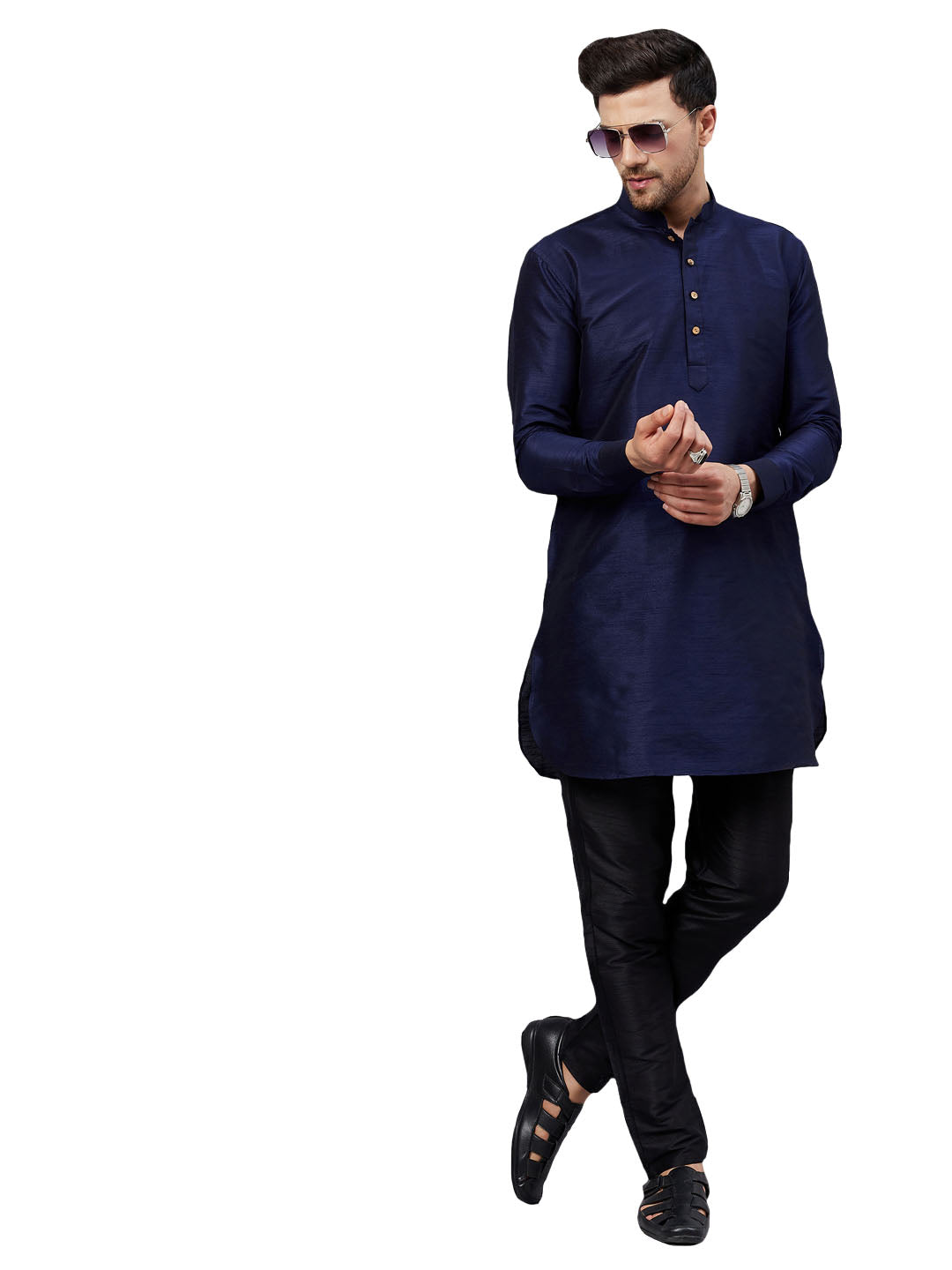 VM by Vastramay Men's Navy Blue And Black Cotton Blend Kurta Pyjama Set - Distacart