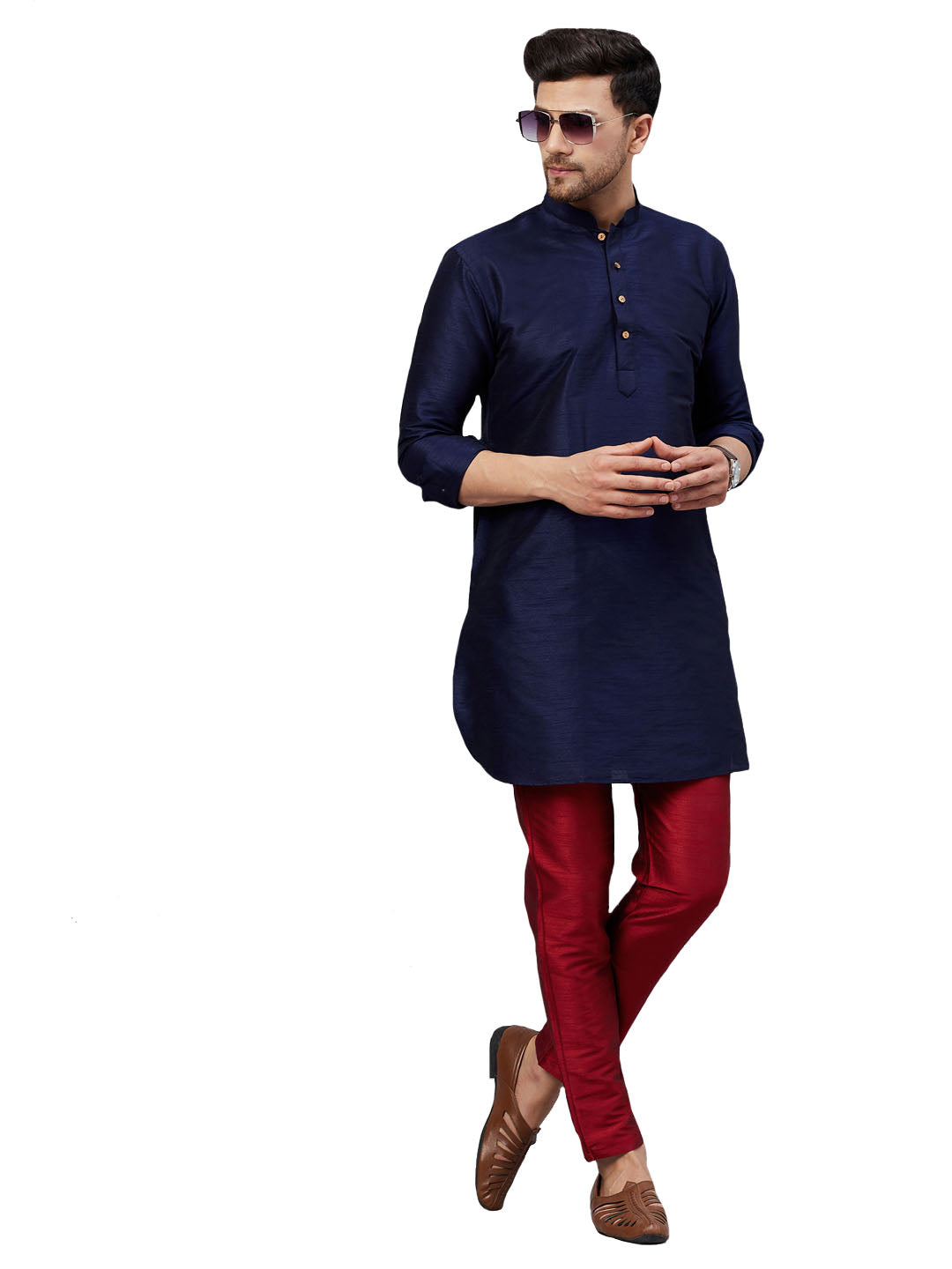 VM by Vastramay Men's Navy Blue And Maroon Cotton Blend Kurta Pyjama Set - Distacart