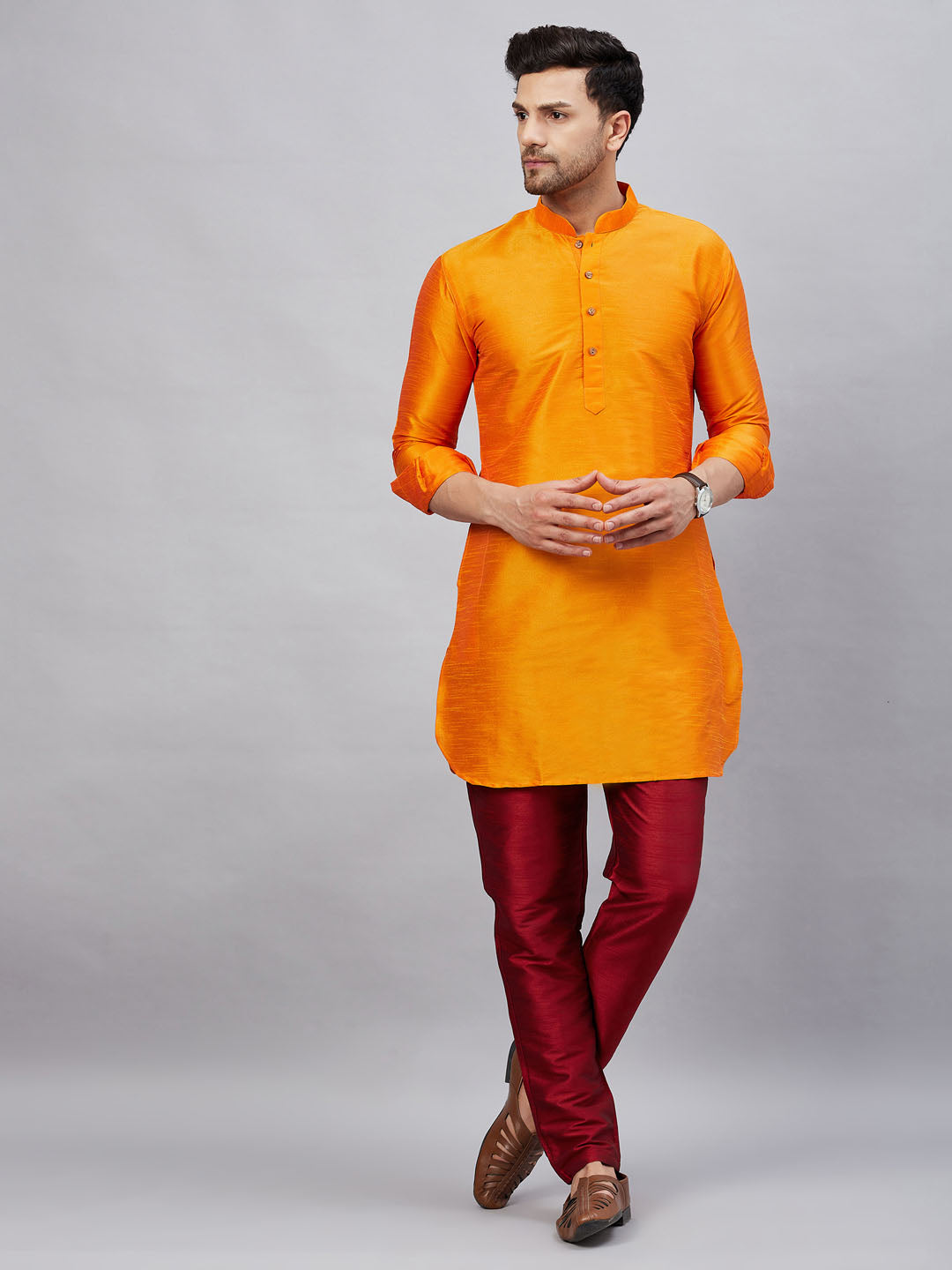 VM by Vastramay Men's Orange And Maroon Cotton Blend Kurta Pyjama Set - Distacart