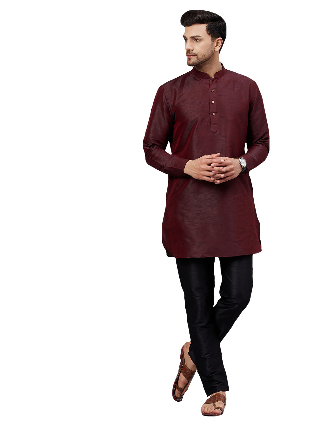 VM by Vastramay Men's Wine And Black Cotton Blend Kurta Pyjama Set - Distacart