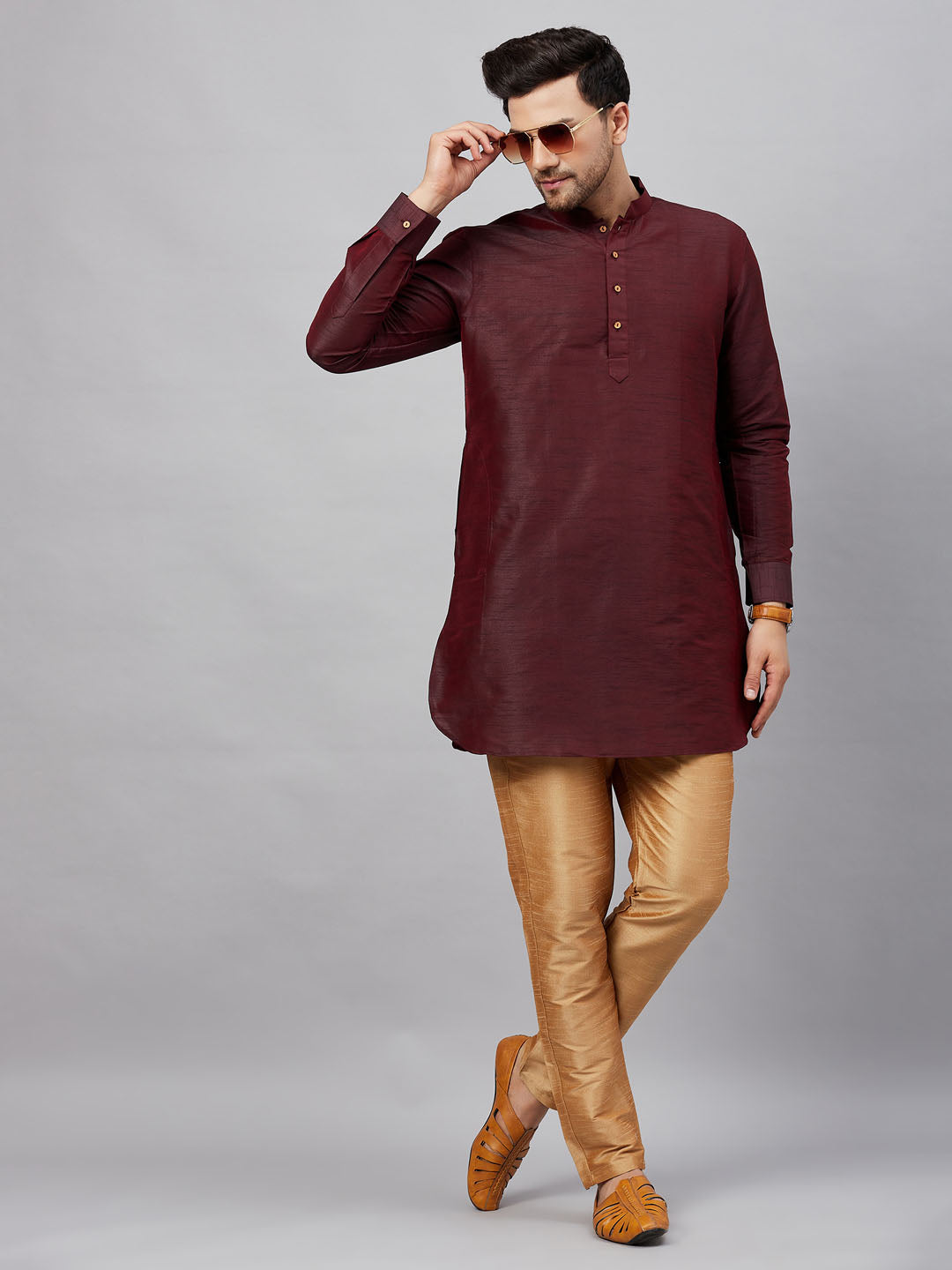 VM by Vastramay Men's Wine And Rose Gold Cotton Blend Kurta Pyjama Set - Distacart