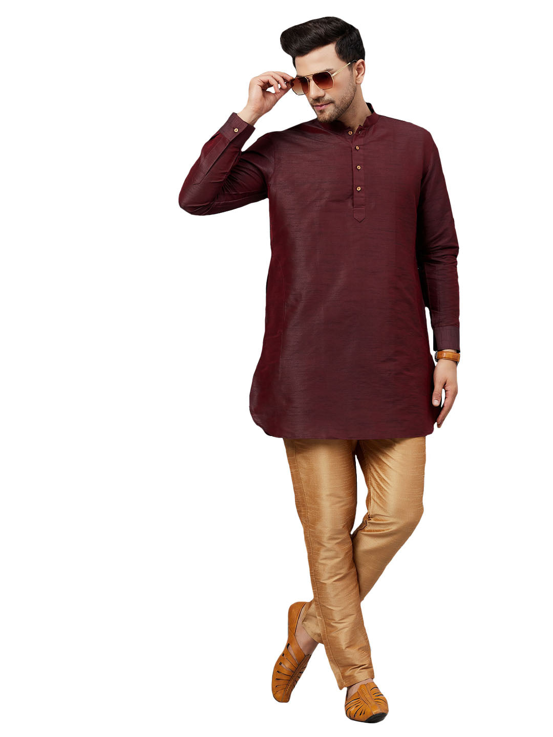 VM by Vastramay Men's Wine And Rose Gold Cotton Blend Kurta Pyjama Set - Distacart