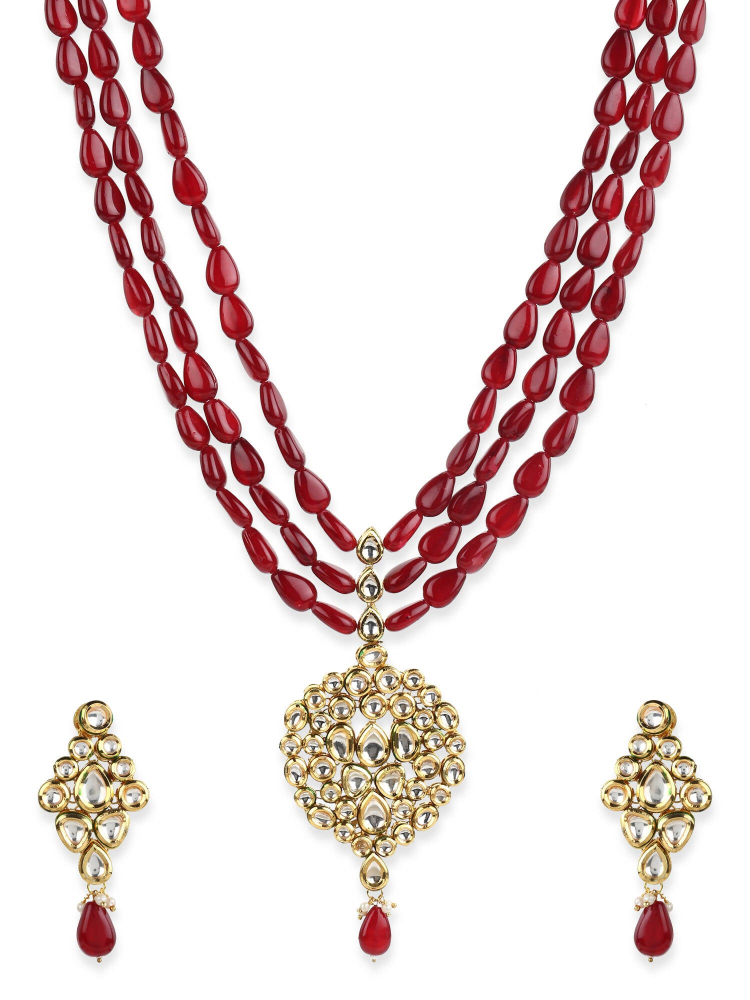 Gold-Plated White Maroon Kundan Studded Beaded Handcrafted Jewellery Set - Ruby Raang - Distacart