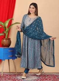 Thumbnail for VOJ Women's Turquoise Rayon Embroidered Kurta Pant & Dupatta Set (Naira Cut) - Distacart