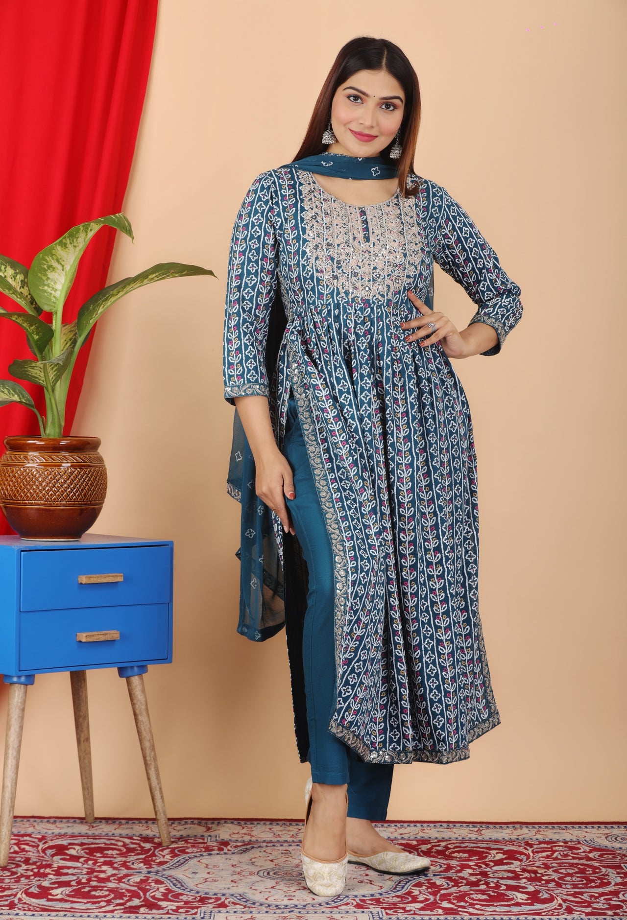 VOJ Women's Turquoise Rayon Embroidered Kurta Pant & Dupatta Set (Naira Cut) - Distacart