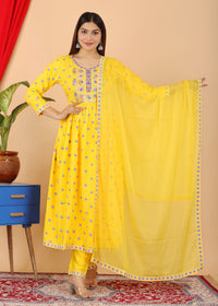 Thumbnail for VOJ Women's Yellow Rayon Embroidered Kurta Pant & Dupatta Set (Naira Cut) - Distacart