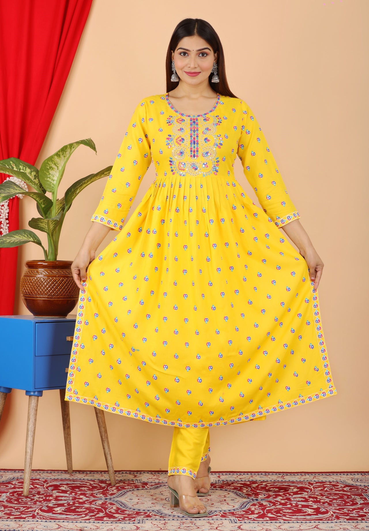 VOJ Women's Yellow Rayon Embroidered Kurta Pant & Dupatta Set (Naira Cut) - Distacart