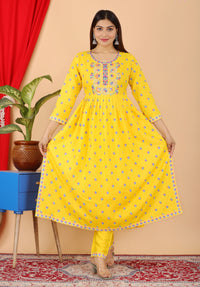 Thumbnail for VOJ Women's Yellow Rayon Embroidered Kurta Pant & Dupatta Set (Naira Cut) - Distacart