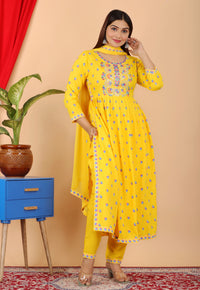 Thumbnail for VOJ Women's Yellow Rayon Embroidered Kurta Pant & Dupatta Set (Naira Cut) - Distacart