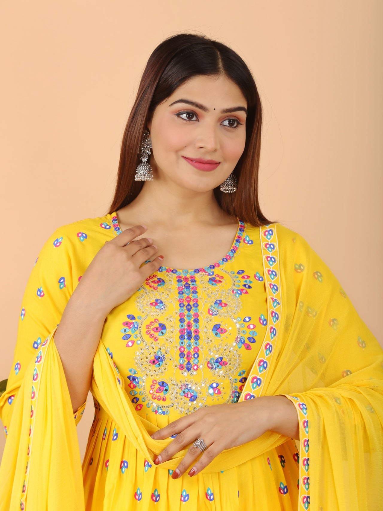 VOJ Women's Yellow Rayon Embroidered Kurta Pant & Dupatta Set (Naira Cut) - Distacart
