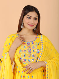 Thumbnail for VOJ Women's Yellow Rayon Embroidered Kurta Pant & Dupatta Set (Naira Cut) - Distacart