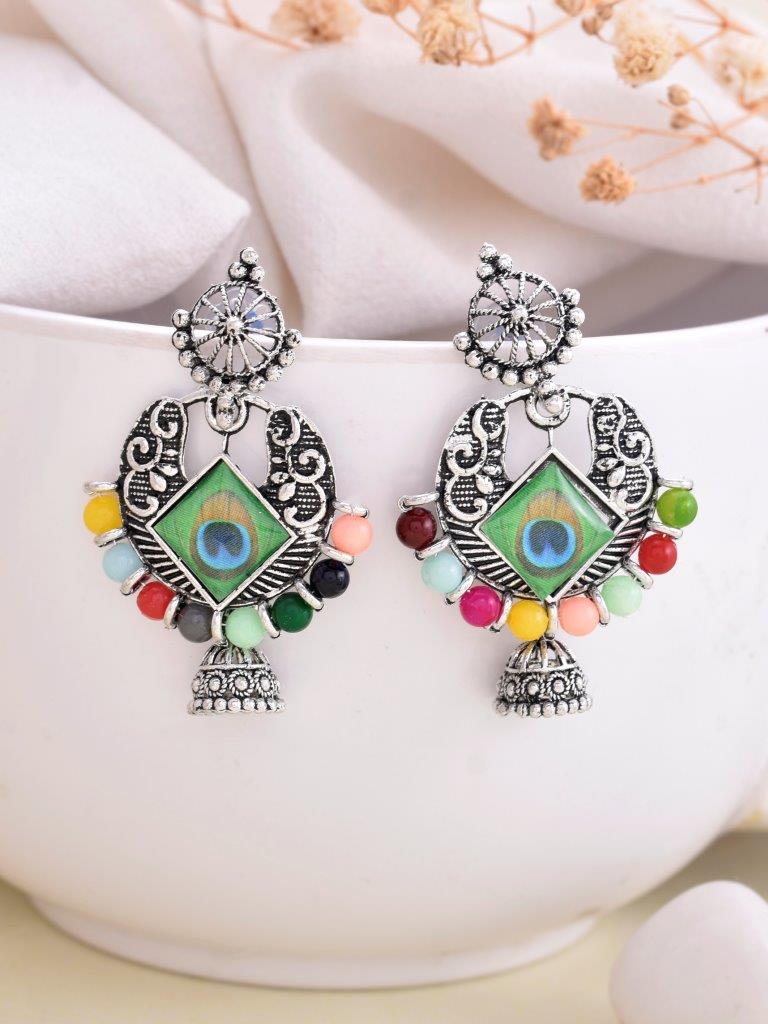 VOJ Silver Plated Peacock Contemporay Jhumka Earrings - Distacart