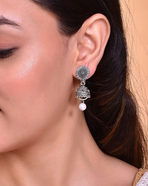 VOJ White Bead Studded Circular Oxidised Silver Plated Contemporary Jhumka - Distacart