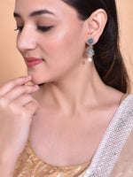 Thumbnail for VOJ White Bead Studded Circular Oxidised Silver Plated Contemporary Jhumka - Distacart