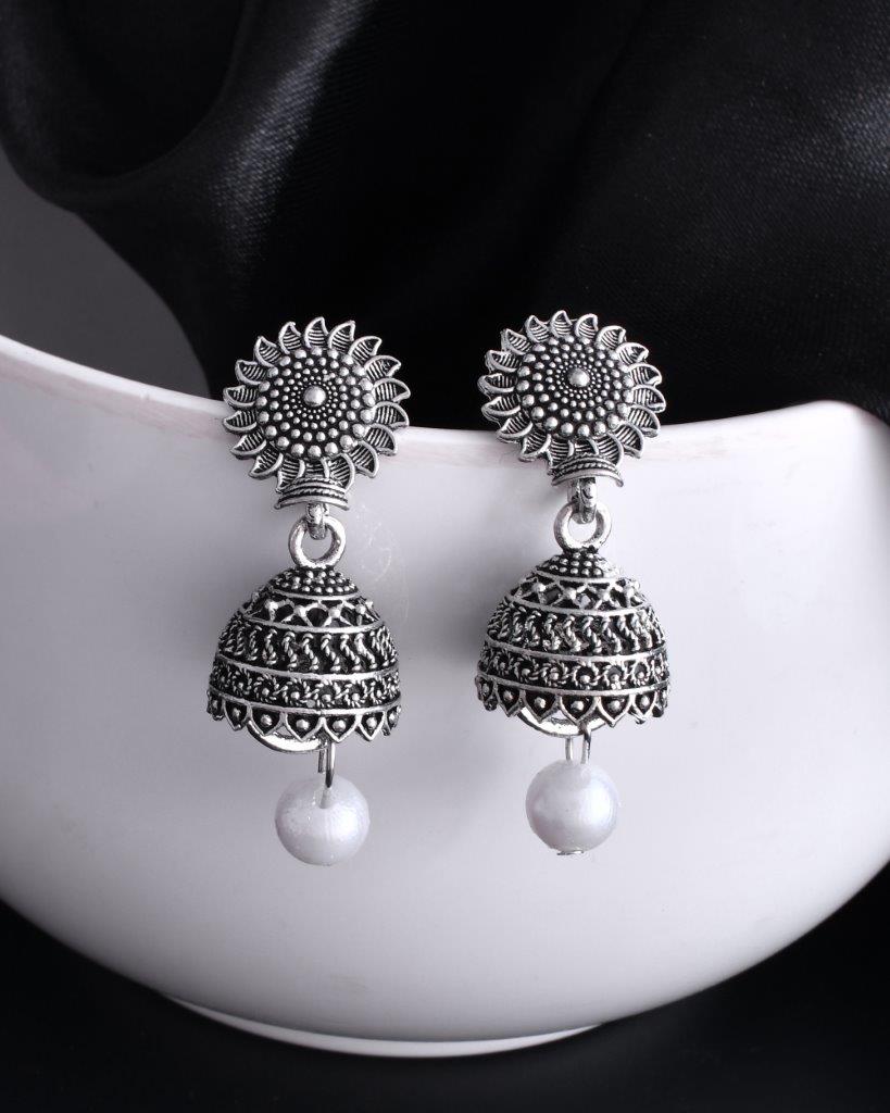 VOJ White Bead Studded Circular Oxidised Silver Plated Contemporary Jhumka - Distacart