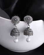 Thumbnail for VOJ White Bead Studded Circular Oxidised Silver Plated Contemporary Jhumka - Distacart